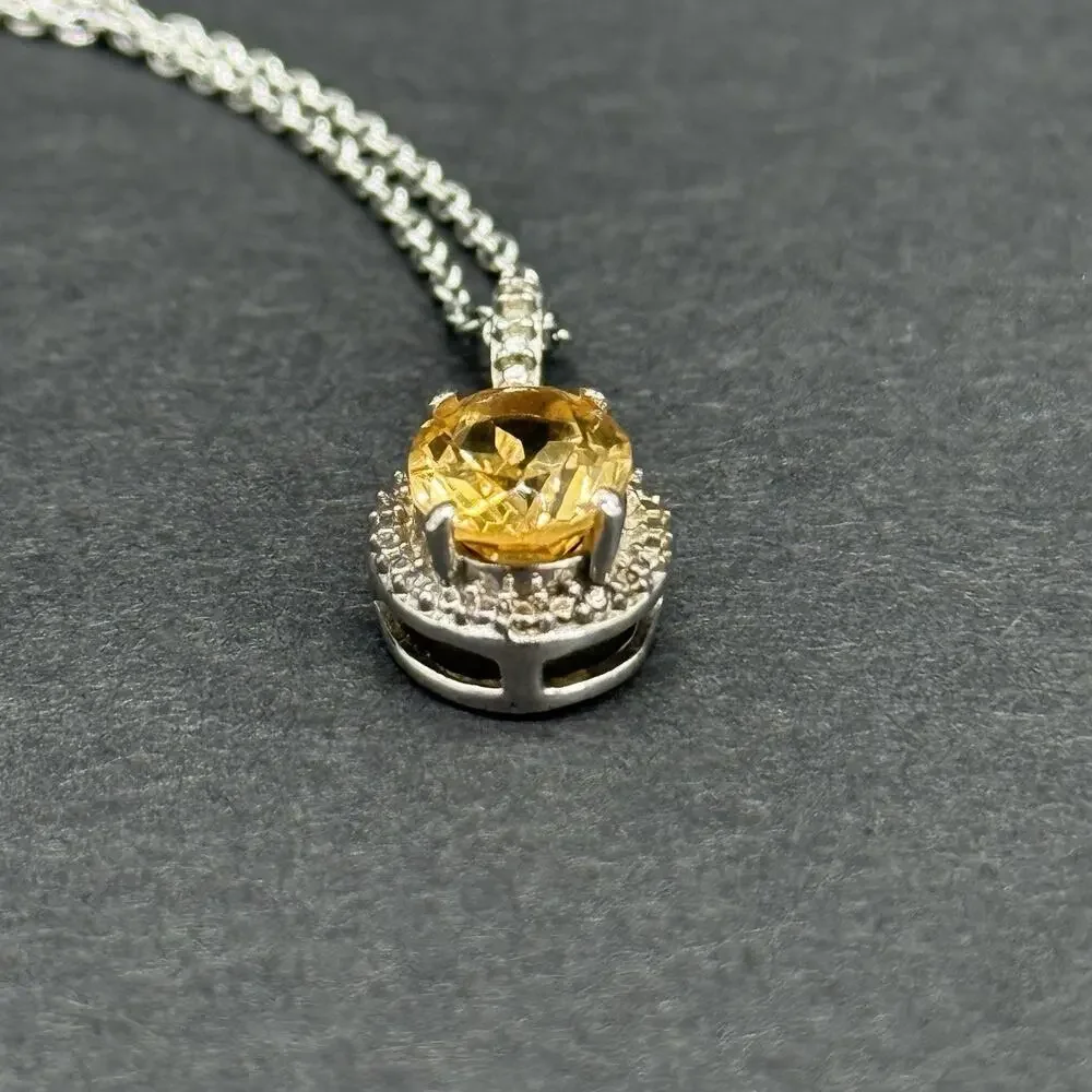 Signed STS 925 Sterling Silver Yellow Citrine Halo Pendant Necklace & Stud Earri